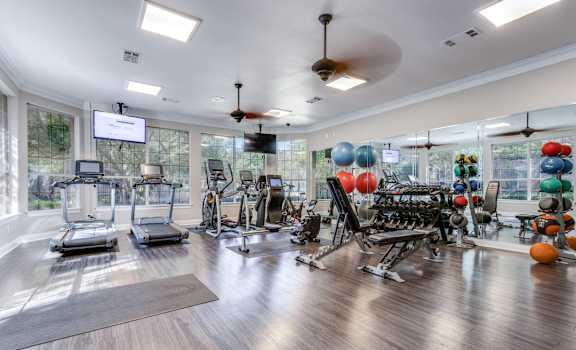 Apartments for Rent in North Austin, TX - Sycamore Springs - Fitness Center with Cardio Machines, Mats, Weights, Large Mirrors, Many Windows, Ceiling Fans, Wood-Style Flooring, and a TV