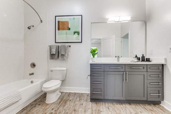 A bathroom with a white toilet and a grey cabinet.