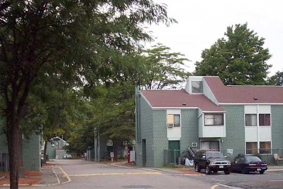 A green building with a red roof is surrounded by trees.