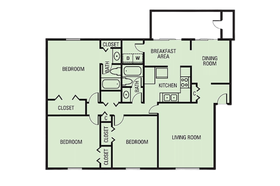 A floor plan of a house with a living room, dining room, kitchen, and four bedrooms.