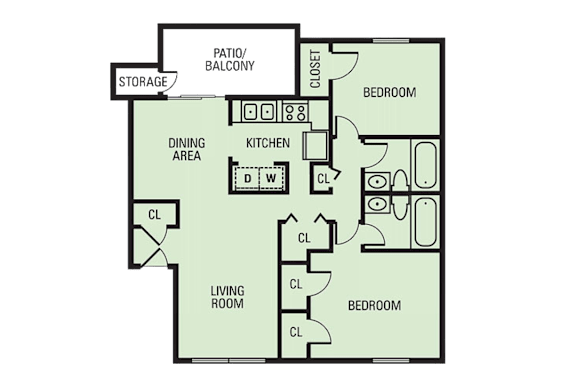 A floor plan of a house with a living room, dining area, kitchen, and two bedrooms.