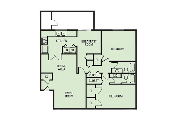 A floor plan of a house with a kitchen, breakfast room, living room, dining area, and two bedrooms.