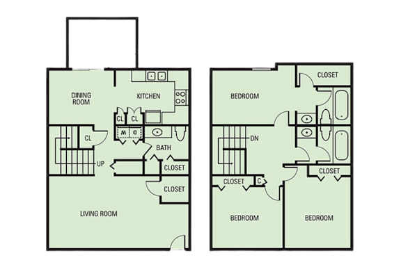 A diagram of a house layout with two floors, including a living room, dining room, kitchen, bathroom, and bedrooms.