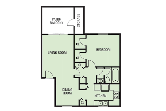 A floor plan of a house with a living room, dining room, kitchen, and two bedrooms.