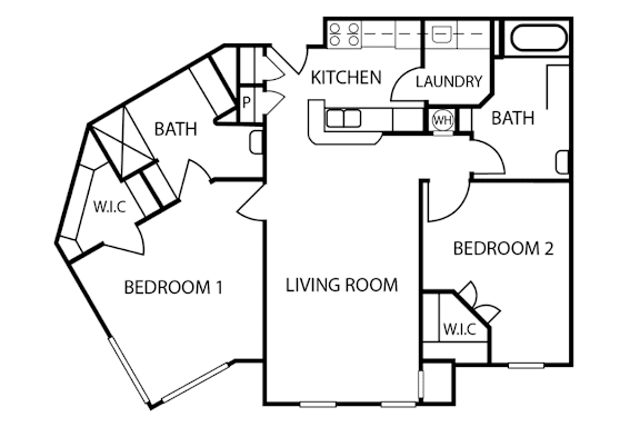 A floor plan of a living space with two bedrooms, a kitchen, and a laundry area.