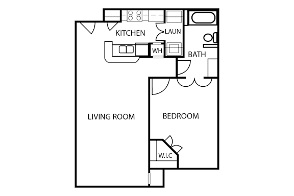A floor plan of a small apartment with a kitchen, living room, and bedroom.