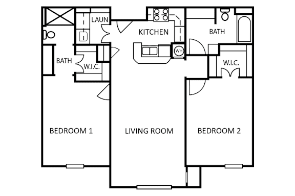 A floor plan of a house with two bedrooms, a living room, a kitchen, a bath, and a laundry area.