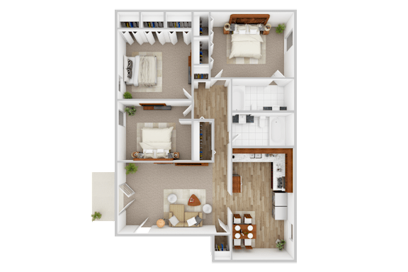 A 3D floor plan of a house with a kitchen, living room, and two bedrooms.
