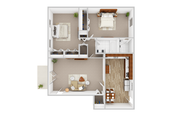 A 3D floor plan of a small apartment with a kitchen, living room, and bedroom.