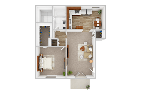 A top-down view of a small apartment with a kitchen, living room, and bedroom.