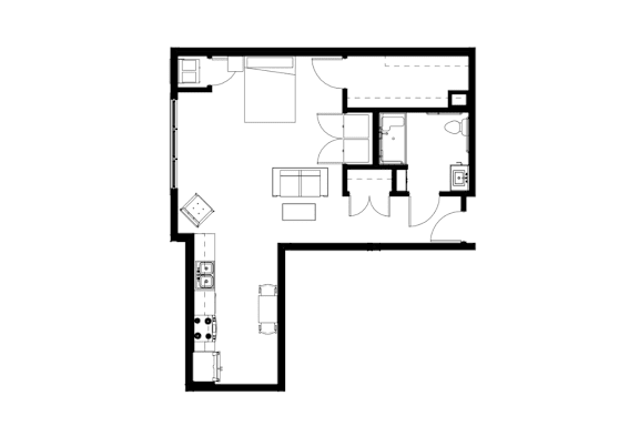 A black and white floor plan of a house with a kitchen, living room, and two bedrooms.