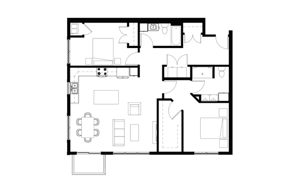 A floor plan of a house with a kitchen, living room, and two bedrooms.