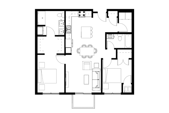 A black and white floor plan of a house with a kitchen, living room, and two bedrooms.