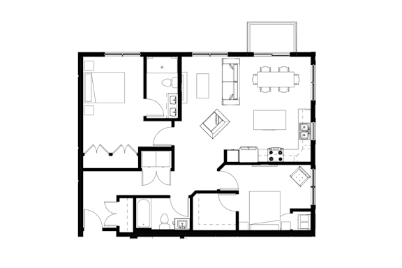 A black and white floor plan of a house with a kitchen, living room, and bedrooms.