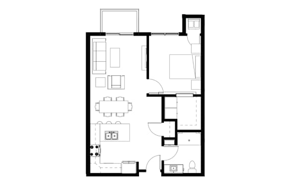 A floor plan of a house with a kitchen, living room, and two bedrooms.
