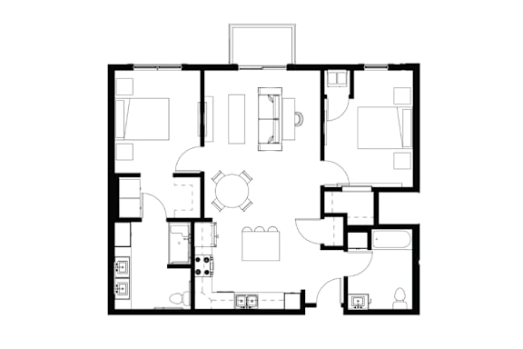 A black and white floor plan of a house with a kitchen, living room, dining room, and bedrooms.