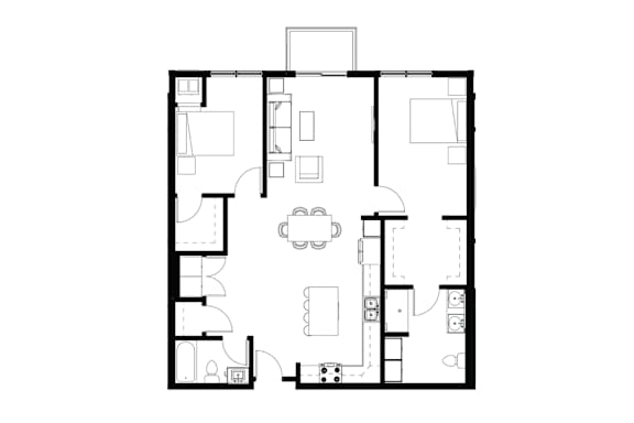 A black and white floor plan of a house with a kitchen, living room, and two bedrooms.