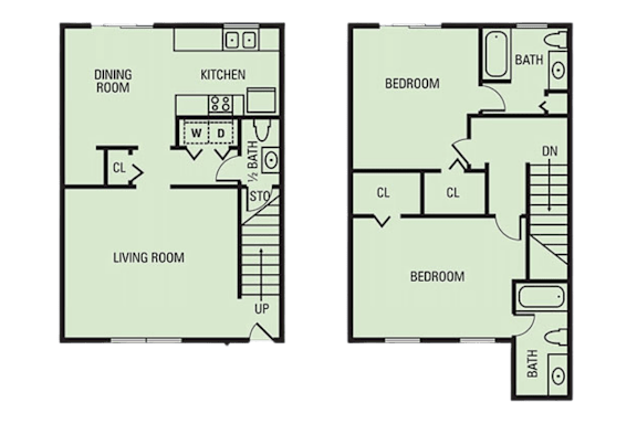 A floor plan of a two bedroom apartment with a living room and a kitchen.