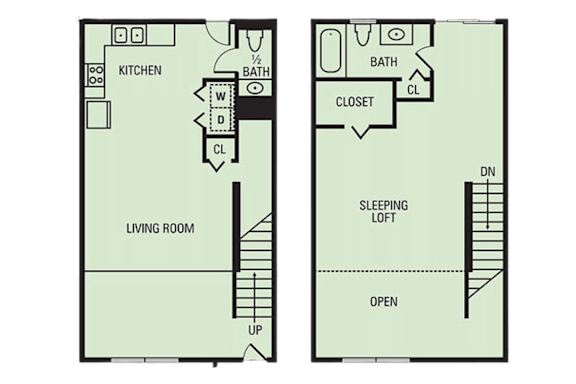 A diagram of a small apartment with a living room, kitchen, bathroom, and sleeping loft.
