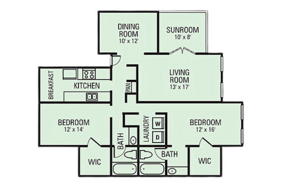 A floor plan of a house with a living room, two bedrooms, a kitchen, a dining room, a breakfast area, a sunroom, and two WCs.