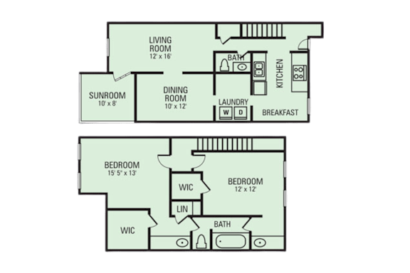 A floor plan of a house with two bedrooms, a living room, a dining room, a kitchen, a laundry room, a breakfast nook, a sunroom, and a bathroom.