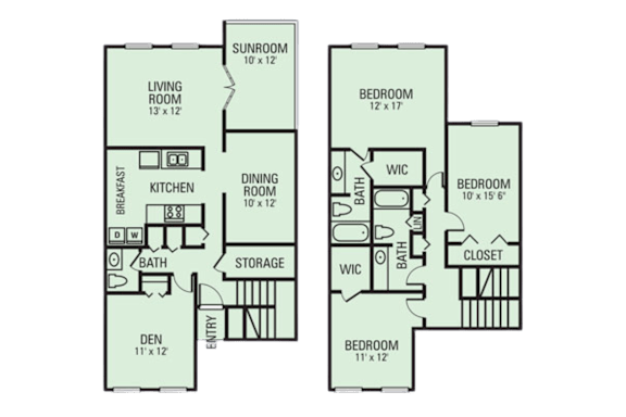 A floor plan of a two-story house with a living room, kitchen, dining room, bedrooms, and bathrooms.
