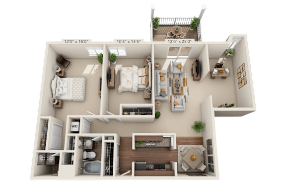 A 3D floor plan of a house with dimensions and furniture layout.