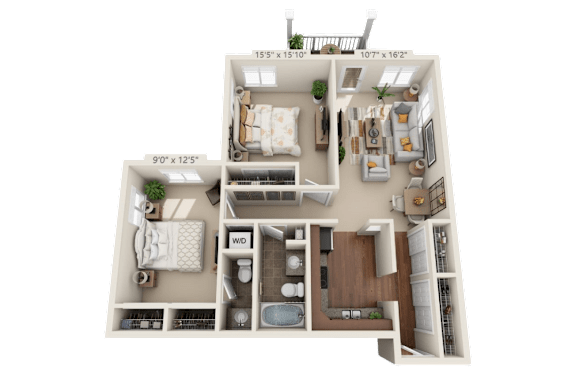 A 3D floor plan of a house with dimensions and a small green area.