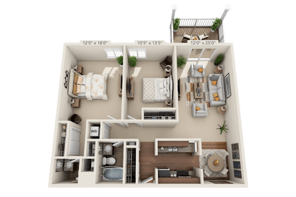 A 3D floor plan of a small apartment with two bedrooms, a living room, and a kitchen.