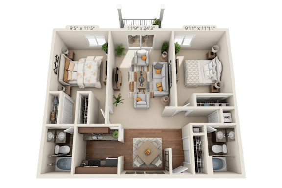 A 3D floor plan of a house with three bedrooms, a living room, a kitchen, and a bathroom.