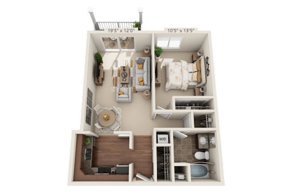 A 3D floor plan of a small apartment with two bedrooms and a living room.