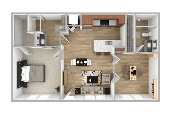 A 3D floor plan of a modern apartment with a living room, kitchen, and bathroom.