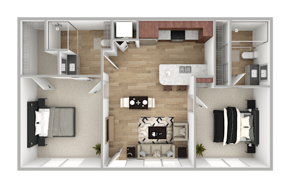 A top down view of a modern apartment layout.