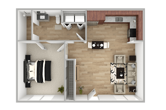 A top-down view of a modern apartment layout with a living room, kitchen, and bedrooms.