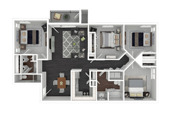A 3D floor plan of a house with a kitchen, living room, and two bedrooms.