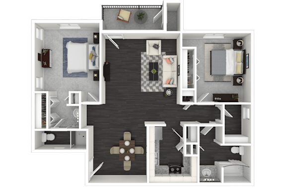 A 3D floor plan of a small apartment with a kitchen, living room, and bedroom.