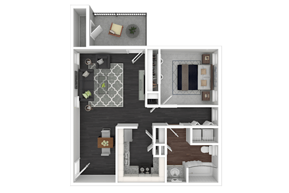 A 3D floor plan of a small apartment with a kitchen, living room, and bathroom.
