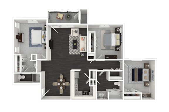 A 3D floor plan of a house with multiple rooms.