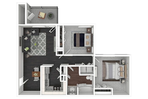 A 3D floor plan of a small apartment with a kitchen, living room, and bedroom.
