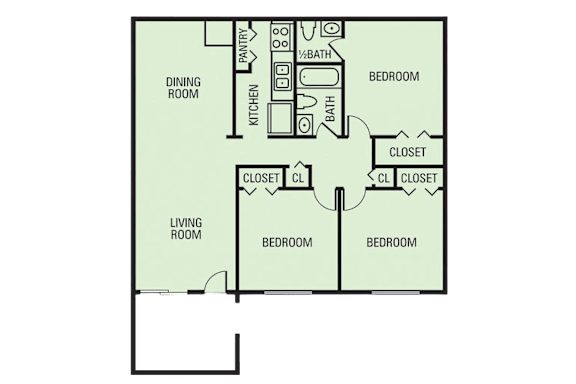 A floor plan of a house with a living room, dining room, kitchen, and three bedrooms.