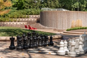 a large chess game in a park