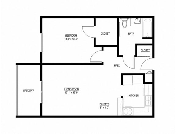 1 Bed 1 Bath The Woodhaven Floor Plan at Eagan Place Apartments in Eagan, MN_The Woodhaven