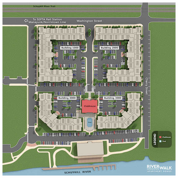 A map of the Schuylkill River Trail with a clubhouse and buildings at Riverwalk, Conshohocken, PA