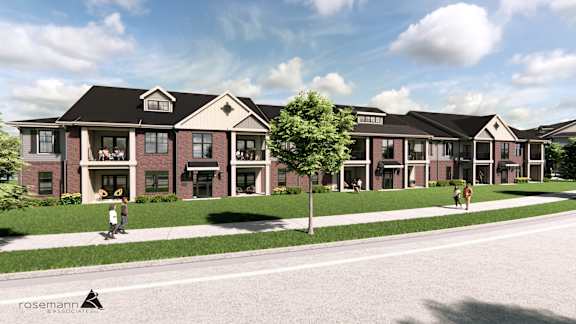 a rendering of a development of townhouses on a city street at The James at Chatham Hills, Indiana, 46074