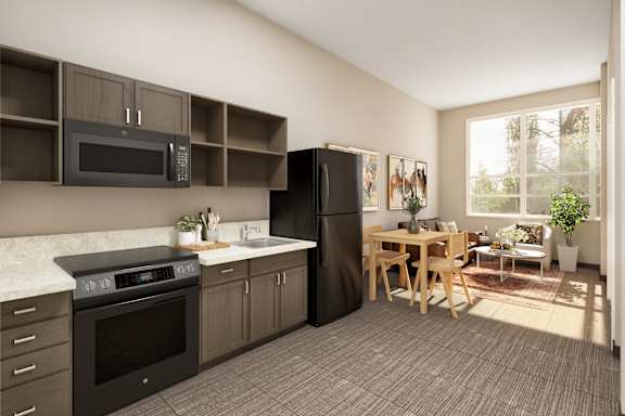 A kitchen with a black refrigerator and a black oven.