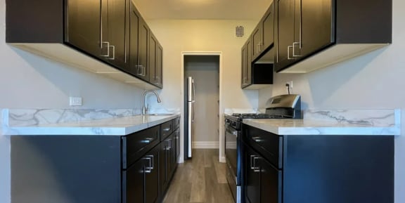 a kitchen with dark cabinets and marble counter tops at 1033 W Loyola, Chicago