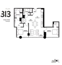 2 Bad 2 Bath Floor Plan with 1,136 Sq. Ft. at The Elle Apartments, Chicago, IL