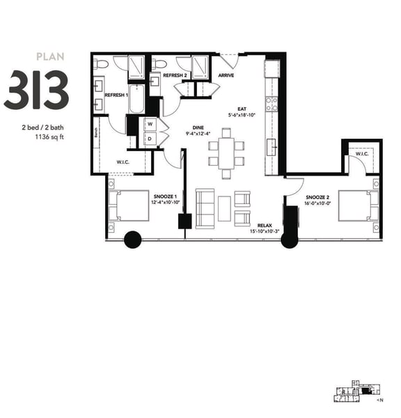 2 Bad 2 Bath Floor Plan with 1,136 Sq. Ft. at The Elle Apartments, Chicago, IL