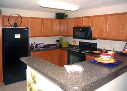 A kitchen with a black fridge and microwave.