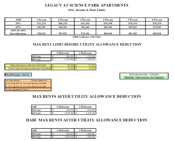 A document detailing the 2026 income and rent limits for Legacy at Science Park Apartments.